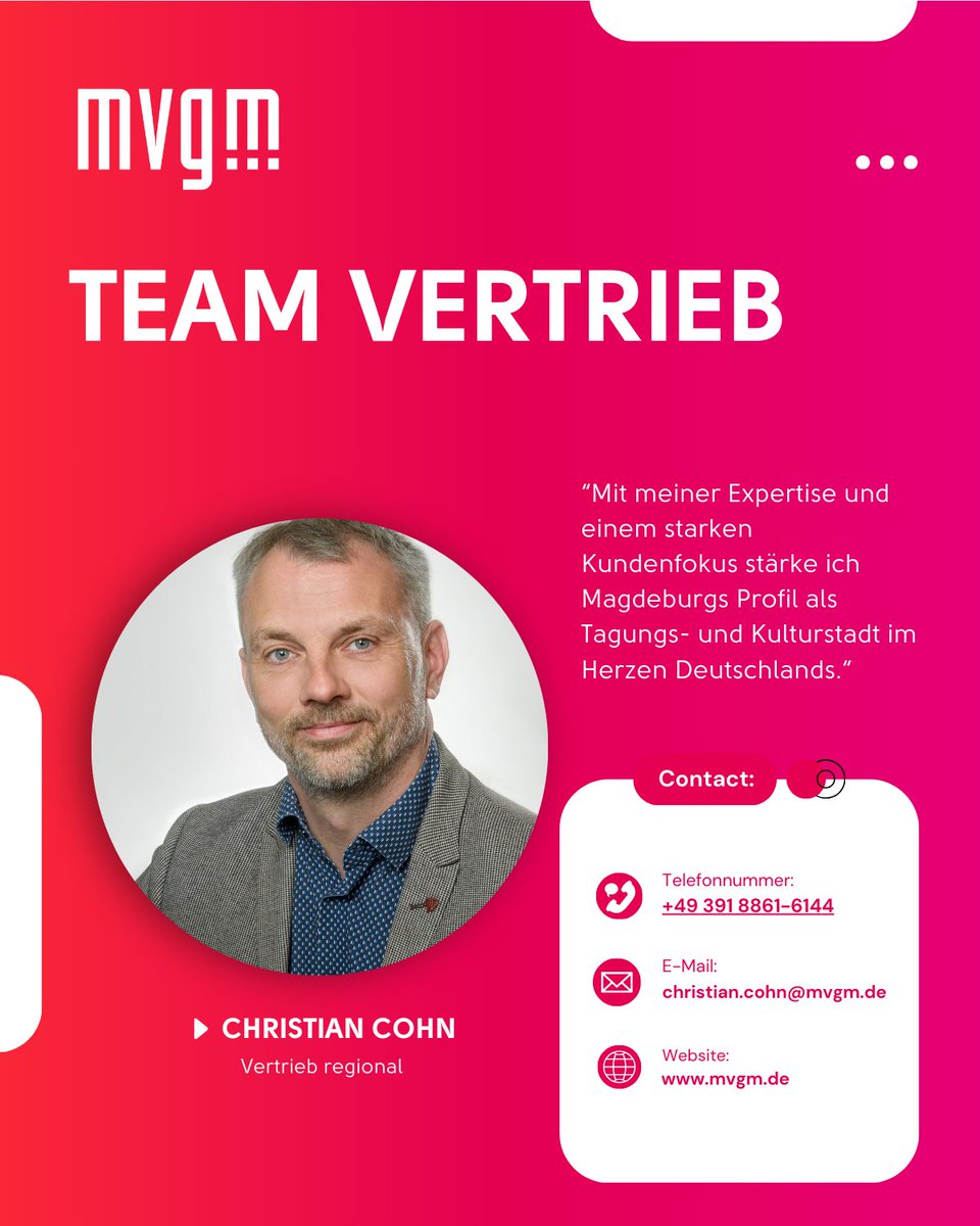 🔔 Neues Vertriebs-Team bei der MVGM!

Marcus Kropp &amp; Christian Cohn verstärken den Vertrieb – für mehr Sichtbarkeit Magdeburgs als MICE-Standort in der D-A-CH-Region.

Fokus: Kundenorientierung, neue Formate, starke Betreuung.

👉 mvgm.de

#MICE #Magdeburg #MVGM
