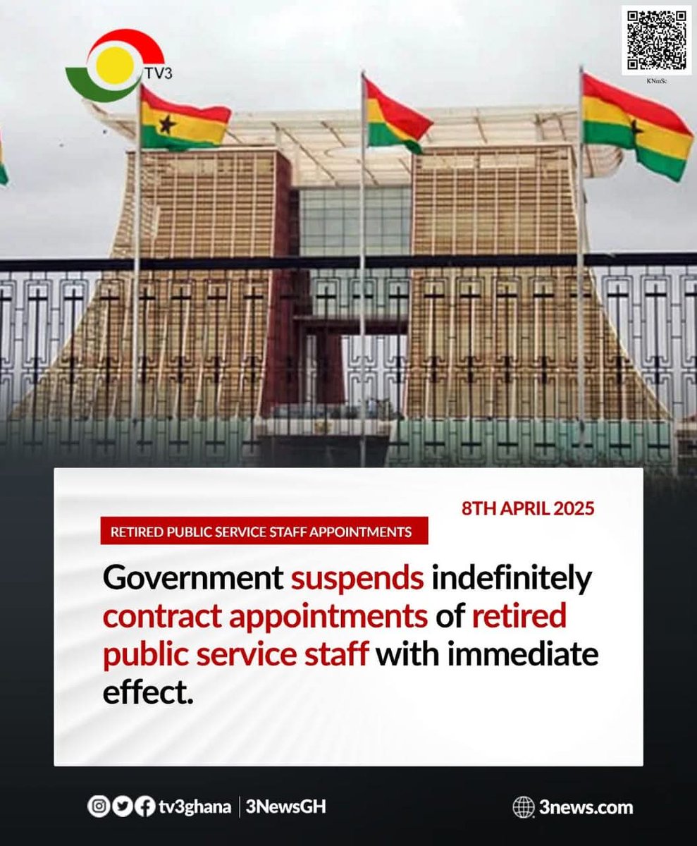 PrinceHenry_PHK's tweet image. The Office of the President has issued a directive suspending the grant of contract appointments to retired public service staff with immediate effect.

The presidency announced that all post-retirement contract appointments are to be put on hold.
 #AbanPapaAba Mahama #Cares #PHK