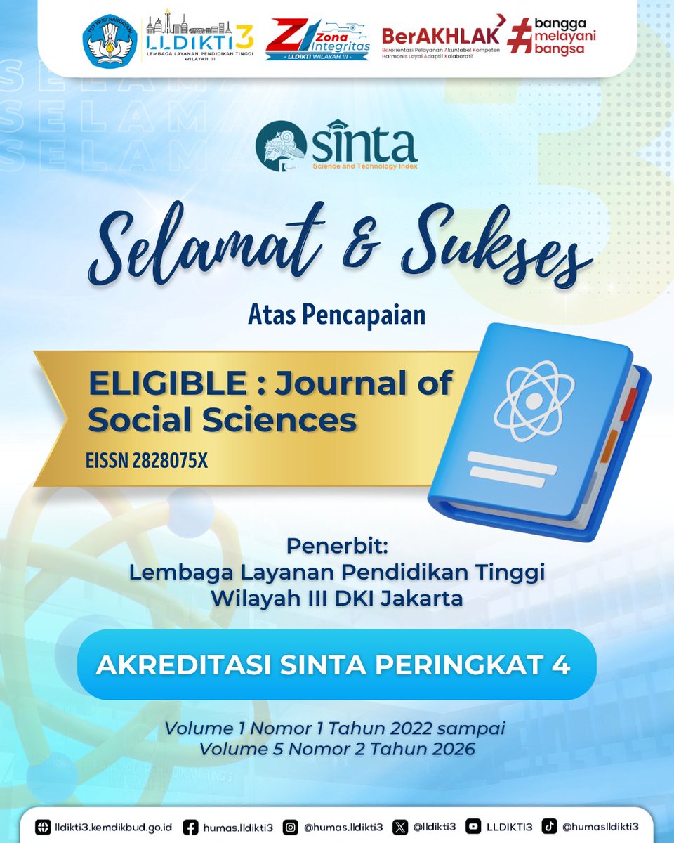 lldikti3's tweet photo. Hai, Threes!

Ada kabar baik dari Jurnal "Eligible: Journal of Social Sciences" yang diterbitkan oleh LLDikti Wilayah III, kini telah resmi berakreditasi Sinta 4 menurut SK Direktorat Jenderal Pendidikan Tinggi, Riset, dan Teknologi Nomor 10/C/C3/DT.05.00/2025 tgl 21 Maret 2025. https://t.co/7Yy1H0gBLp