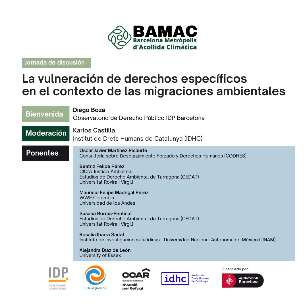 📢 ¡Este 10 de abril a las 17h (CEST) te invitamos a una jornada imprescindible!

🔎 Hablaremos sobre la vulneración de derechos en contextos de migración ambiental con voces expertas de América Latina y Europa.

🎟️ Inscripciones: bamac.cat
#MigracionesAmbientales