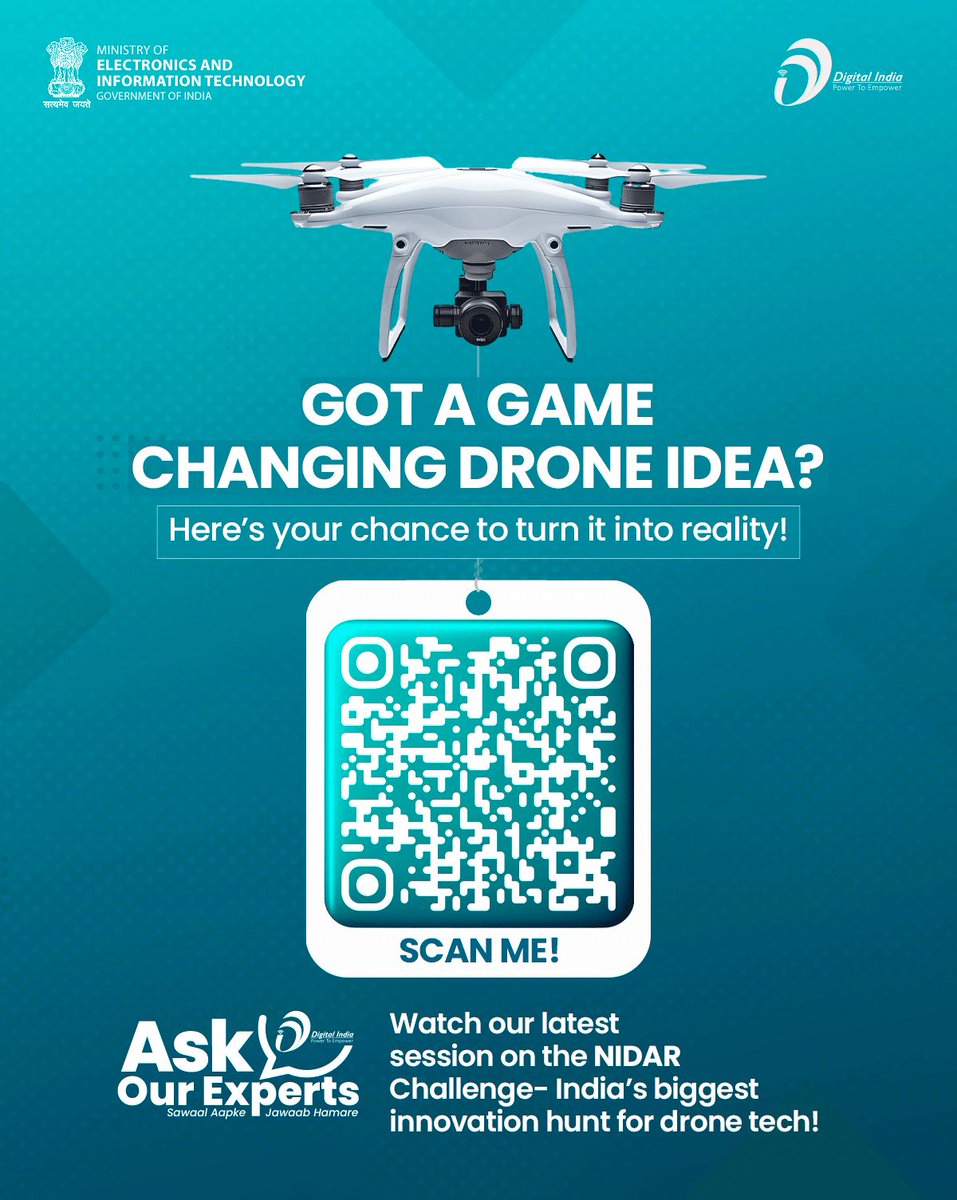 _DigitalIndia's tweet photo. Whether you’re a student, researcher, or innovator — this is your moment to fly high with NIDAR, the drone innovation challenge! 🚀
👉 Watch the full episode now: https://t.co/HCbd7BtXiI
#DroneChallenge #NIDAR #SwaYaan #DigitalIndia @swayaan_iiti @GoI_MeitY @dronefed @iiscbangalore @NIELITIndia @cdacindia @NeGD_GoI