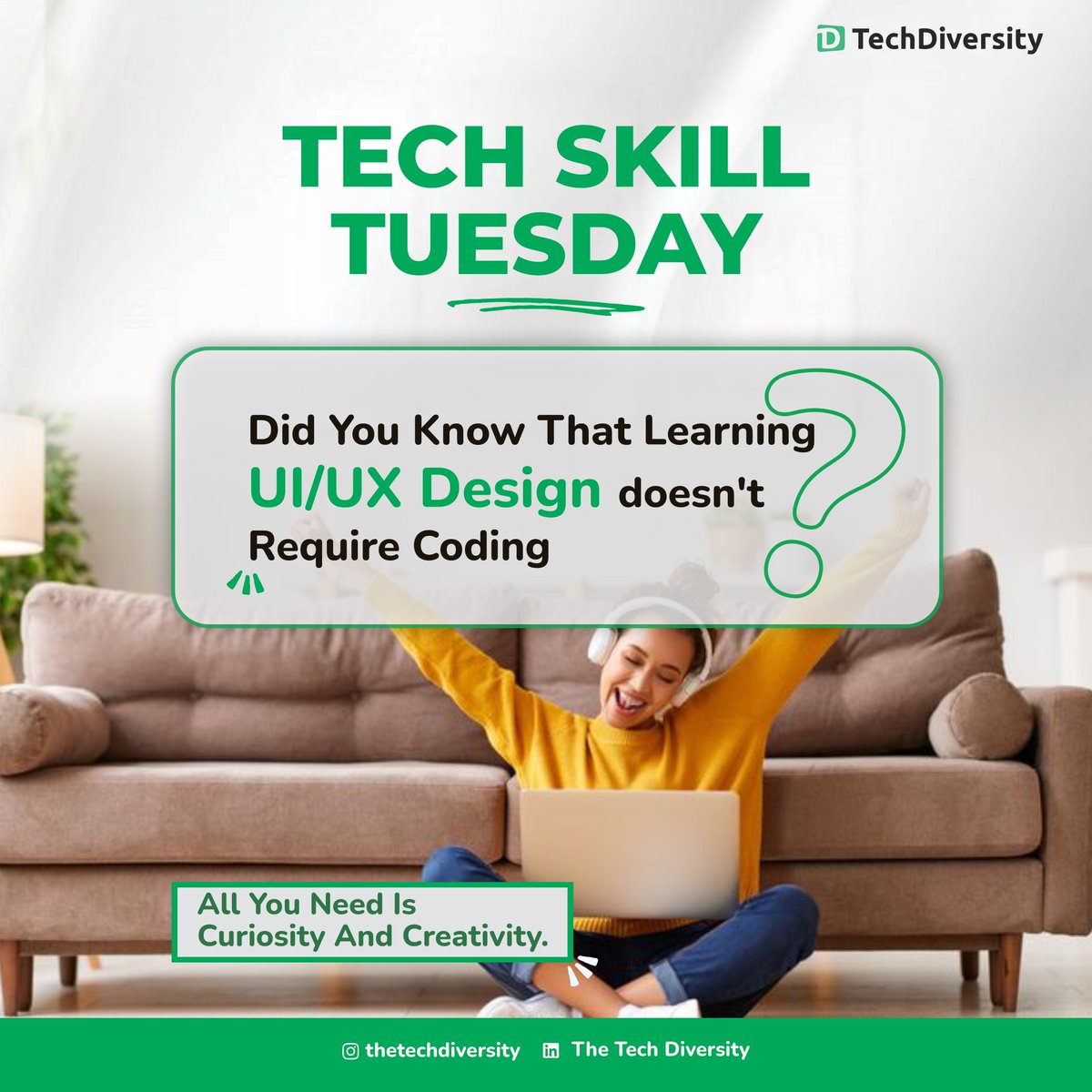 thetechdiversit's tweet photo. Tech Skill Tuesday:
Did you know that learning UI/UX design doesn't require coding? All you need is curiosity and creativity.
.
.
.
#techdiversityfoundation #techforall #empowerthroughtech #learntechwithtdf #techskillsforall #bridgingthedigitalgap #futuretechleaders https://t.co/qQyXebGe5i