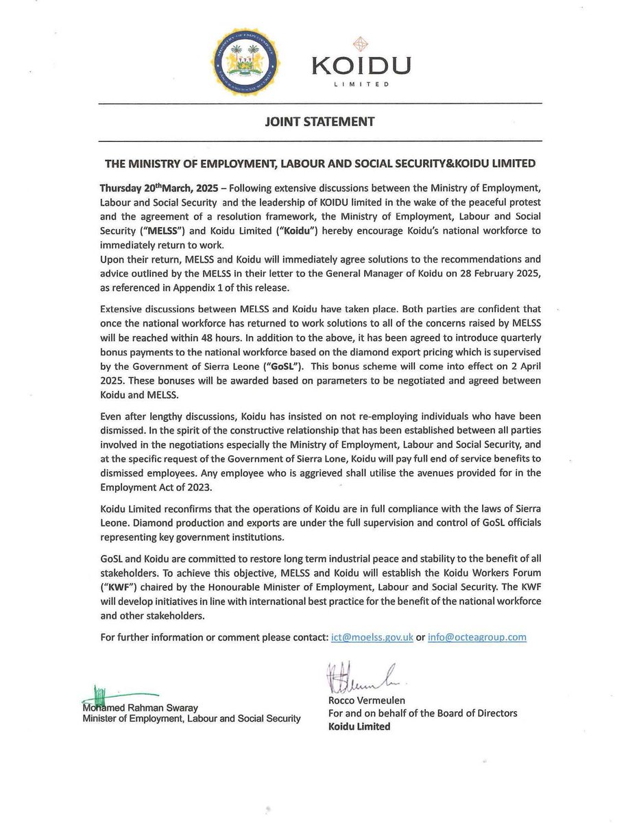 KoiduLimitedSL's tweet photo. Update:  The Ministry of Employment, Labour, and Social Services And Koidu Limited Joint Statement with Ministry's Postion in Respect of the Impasse between Management and Staff of Koidu Ltd (received 3 March 2025) https://t.co/HZXGBoj74U