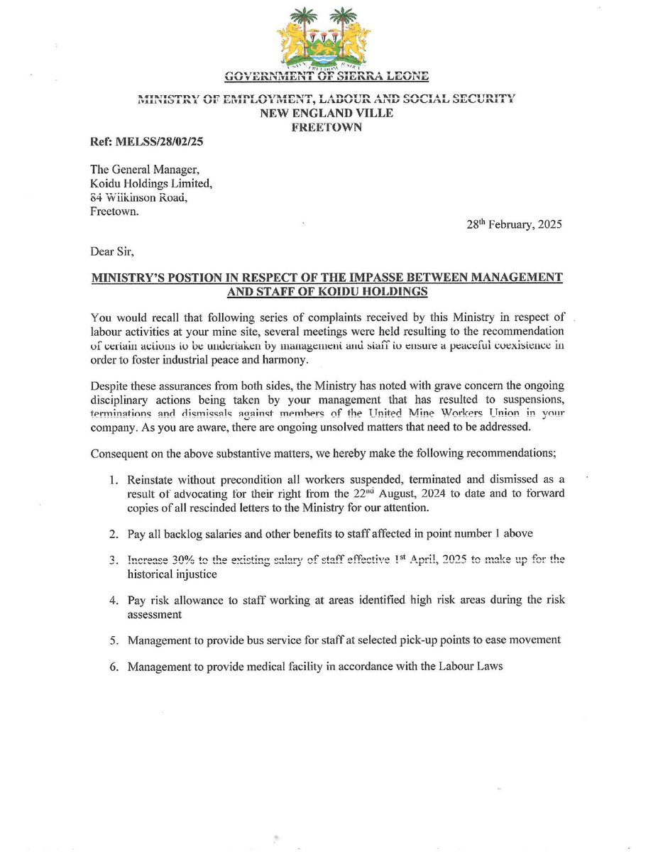 KoiduLimitedSL's tweet photo. Update:  The Ministry of Employment, Labour, and Social Services And Koidu Limited Joint Statement with Ministry's Postion in Respect of the Impasse between Management and Staff of Koidu Ltd (received 3 March 2025) https://t.co/HZXGBoj74U