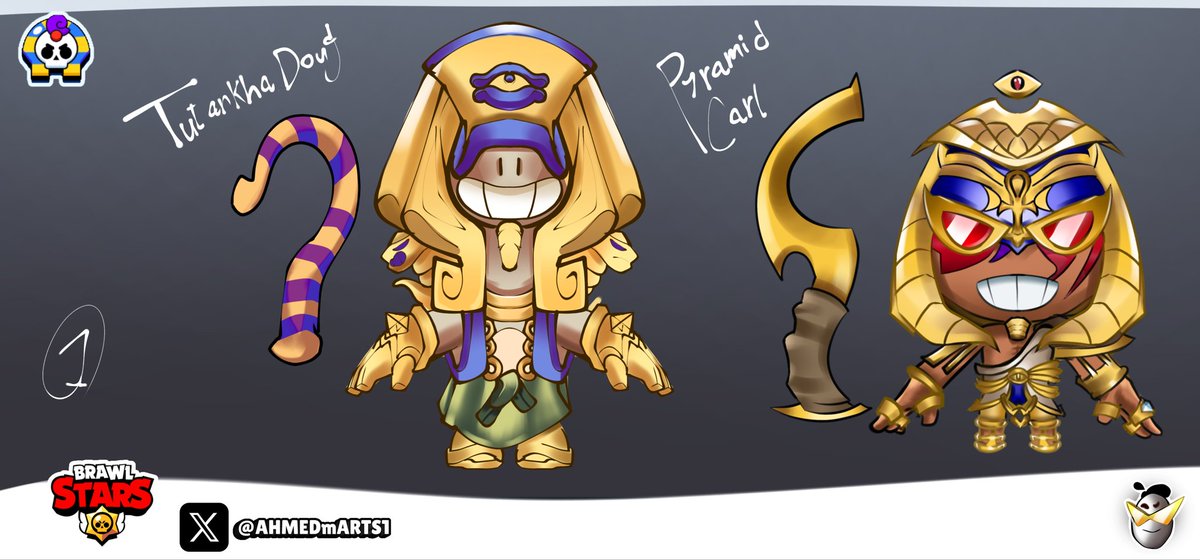AHMEDmARTS1's tweet photo. Some Egyptian skins Suggests !
Tut-Ankha-Doug "149 Gems"
Pyramid Carl " 199 Gems"
#BrawlStarsArt #BrawlStars https://t.co/2gS8A3TESr