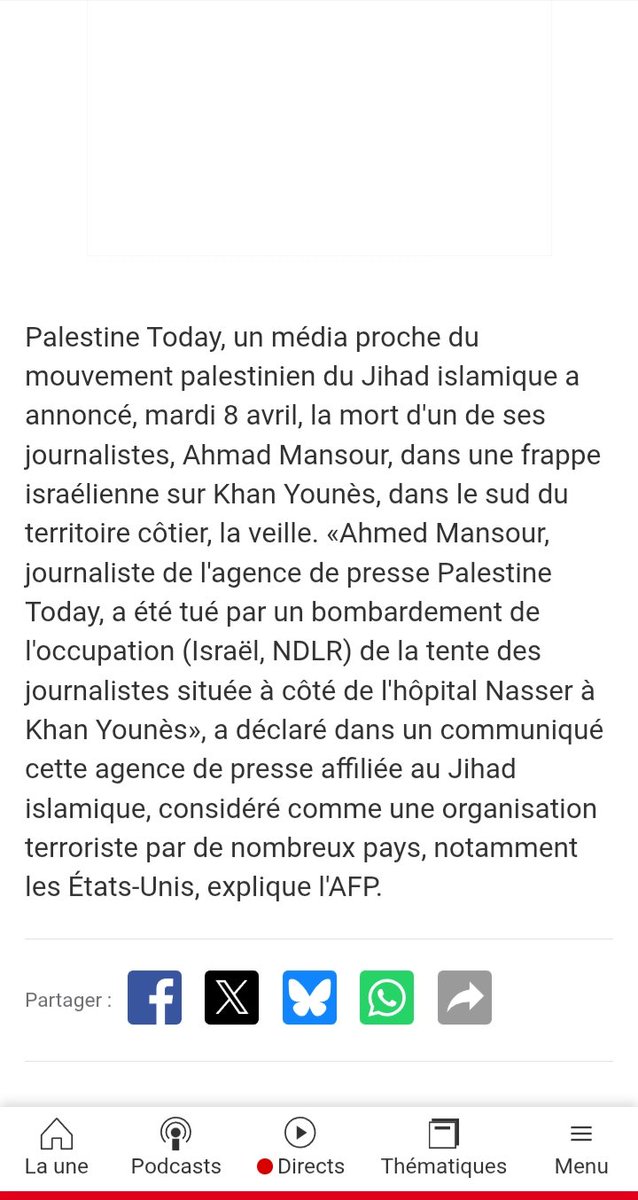 Le journaliste Ahmad Mansour a été brûlé vif dans une frappe israélienne sur une tente de journalistes où il se trouvait.

Voilà comment l'<a href="/afpfr/">Agence France-Presse</a> , repris par <a href="/RFI/">RFI</a> présente son assassinat. 

Vous pouvez reprendre une activité normale...