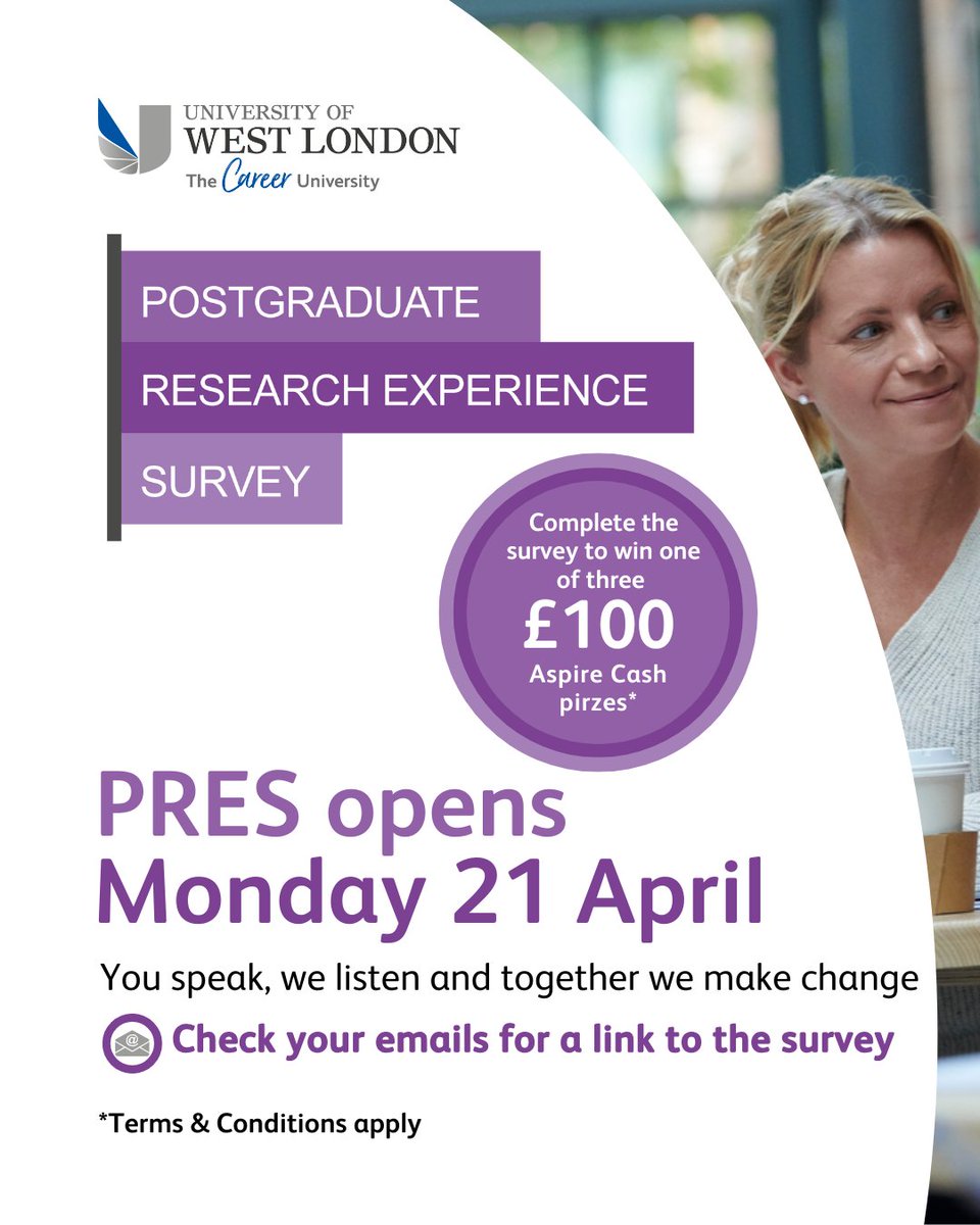 Postgraduate research students📢 Get ready to share your feedback in the Postgraduate Research Experience Survey (PRES)

👉Opens Monday 21 April
🔒100% anonymous and confidential
💰 Chance to win £100 Aspire cash*

You speak, we listen and together we make change 💙

*T&amp;Cs apply