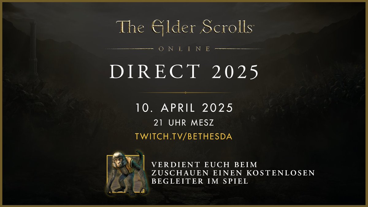 Schaltet ein diesen Donnerstag, den 10. April um 21 Uhr, um zu erfahren, was 2025 in #ESO auf euch zukommt! 

🧭 Neue Abenteuer
📖 Neue Geschichten
👀 Andere große Veränderungen

Mehr Infos: beth.games/42lktnZ
#ESODirect2025