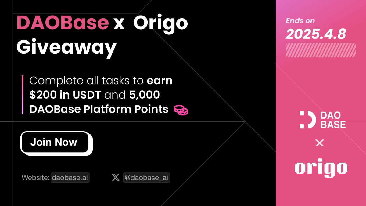 DAOBase 🐝 (@daobase_ai) on Twitter photo 🚨DAOBase x Origo | Social Buzz Giveaway 🎉
$200 USDT + 5,000 DAOBase Points up for grabs!
Being a DAOBase Buzzer means more fun, more rewards, always. Let’s make some noise by participating the campaign! 🚀🐝
🧩 How to Join:
1️⃣ Follow <a href="/daobase_ai/">DAOBase 🐝 $BEE Launching Today!</a> & <a href="/OrigodotFun/">origo.fun</a>
2️⃣ Like & 🚨DAOBase x Origo | Social Buzz Giveaway 🎉
$200 USDT + 5,000 DAOBase Points up for grabs!
Being a DAOBase Buzzer means more fun, more rewards, always. Let’s make some noise by participating the campaign! 🚀🐝
🧩 How to Join:
1️⃣ Follow <a href="/daobase_ai/">DAOBase 🐝 $BEE Launching Today!</a> & <a href="/OrigodotFun/">origo.fun</a>
2️⃣ Like &