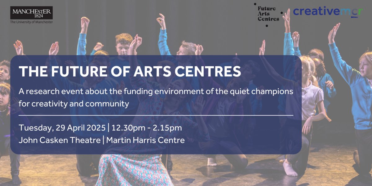Creative Manchester (@uomcreativemcr) on Twitter photo 3 weeks: Dave Moutrey OBE & Future <a href="/ArtsCentres/">Future Arts Centres</a> present <a href="/ace_national/">Arts Council England</a> funding data & the impact surrounding it, w/ presentations by Ray Morrison, Jennifer Cleary & Gavin Barlow
🗓️ 29 April, 12.30pm
📍 Martin Harris Centre
🔗Register: ow.ly/pHj350VsVfc 3 weeks: Dave Moutrey OBE & Future <a href="/ArtsCentres/">Future Arts Centres</a> present <a href="/ace_national/">Arts Council England</a> funding data & the impact surrounding it, w/ presentations by Ray Morrison, Jennifer Cleary & Gavin Barlow
🗓️ 29 April, 12.30pm
📍 Martin Harris Centre
🔗Register: ow.ly/pHj350VsVfc
