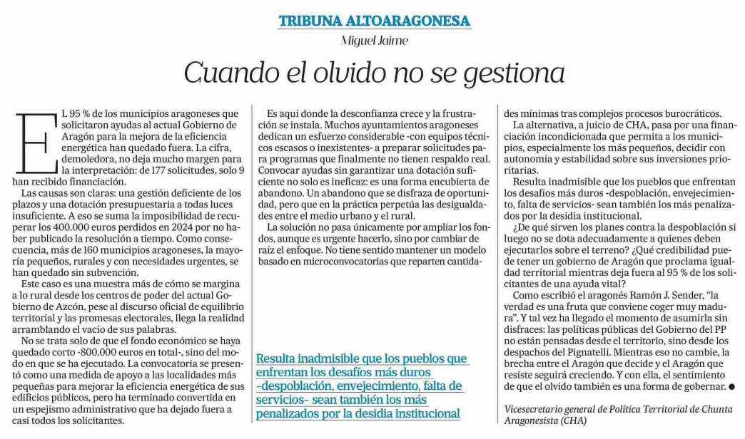 Chunta Aragonesista (@chunta) on Twitter photo 📰 <a href="/altoaragon/">Diario del Altoaragón</a>
✍️ Artículo de <a href="/Miguel__Jaime/">Miguel Jaime</a>
🏘️ Cuando el olvido no se gestiona
"Resulta inadmisible que los pueblos que enfrentan los desafíos más duros -despoblación, envejecimiento, falta de servicios- sean también los más penalizados por la desidia institucional" 📰 <a href="/altoaragon/">Diario del Altoaragón</a>
✍️ Artículo de <a href="/Miguel__Jaime/">Miguel Jaime</a>
🏘️ Cuando el olvido no se gestiona
"Resulta inadmisible que los pueblos que enfrentan los desafíos más duros -despoblación, envejecimiento, falta de servicios- sean también los más penalizados por la desidia institucional"