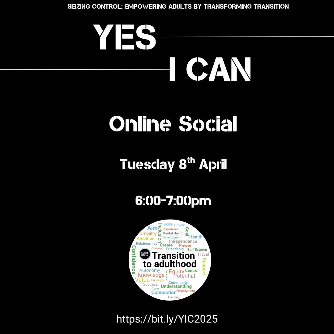 Don't forget that it's Yes I Can Online TODAY Tuesday 8th April at 6pm. 

Meet others, build friendships, feel understood. 

Register to join us: bit.ly/YIC2025

#yesican #friendship #support #community