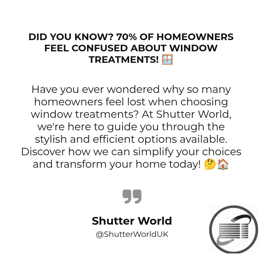 wooden_shutters's tweet photo. Hey, Homeowners! 

Ever felt overwhelmed by window treatment choices? 🌿 

We get it! At Shutter World, we're not perfect, but we're evolving to meet your needs with stylish, efficient options. 🏠 

Check out our website &amp; request a quote today! 

#WindowTrends #HomeImprovement https://t.co/a3QdruwFmf