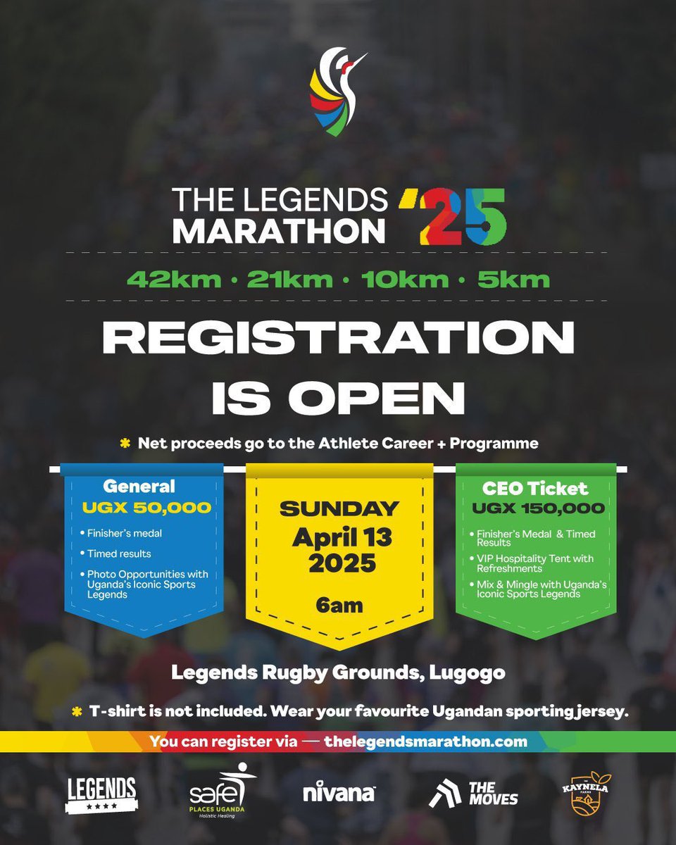 Lace up for greatness!
Join us at The Legends Marathon ’25 on April 13th at Legends Rugby Grounds, Lugogo!
Proudly supporting the Athlete Career+ Programme
Let’s run for impact — 42km, 21km, 10km, or 5km!
Register now: thelegendsmarathon.com
#LegendsMarathon