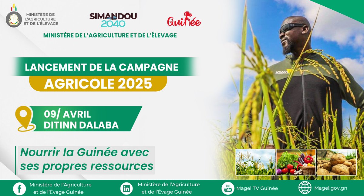minagrign's tweet photo. Ce mardi 09 avril 2025, la campagne agricole sera officiellement lancée sur toute l’étendue du territoire national.

Placée sous le thème :

“𝐍𝐨𝐮𝐫𝐫𝐢𝐫 𝐥𝐚 𝐆𝐮𝐢𝐧𝐞́𝐞 𝐚𝐯𝐞𝐜 𝐬𝐞𝐬 𝐩𝐫𝐨𝐩𝐫𝐞𝐬 𝐫𝐞𝐬𝐬𝐨𝐮𝐫𝐜𝐞𝐬”. https://t.co/kwG9wjJDnM