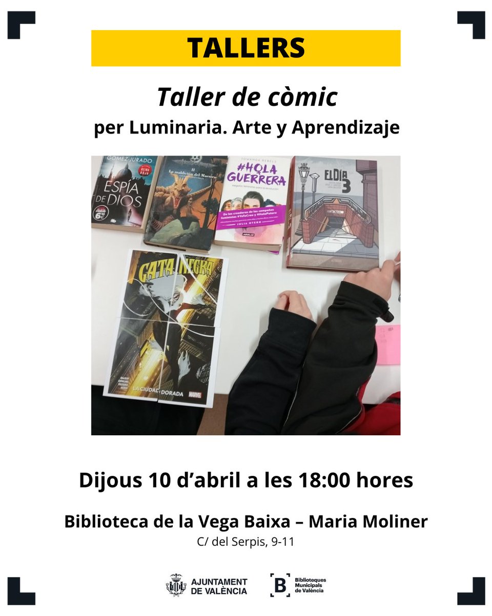 <a href="/AjuntamentVLC/">Ajuntament València</a> <a href="/CulturalVLC/">Cultural València</a> Tenim dos clubs de lectura! 📚🔎✍️

👉 Naixem llegint, perquè la lectura la podem disfrutar des del bressol!

👉 Club de lectura infantil de la mà de <a href="/RebomboriCult/">Rebombori Cultural</a>

I a més, <a href="/Luminariaeduca/">Luminaria Arte y aprendizaje</a> ens ha preparat un taller molt especial! ✂️✏️

👉 Taller de còmic per a retallar, pegar i