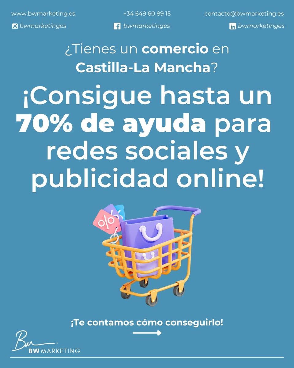 BWMarketingEs's tweet photo. 🎯 ¡Comercios de Castilla-La Mancha! Consigue hasta un 70% de ayuda para tu marketing digital. Redes, publicidad y SEO. Hasta el 3/05/25.
📩 contacto@bwmarketing.es | 649 60 89 15 | https://t.co/gdXzxo7dPM https://t.co/ilxGL8JH4X