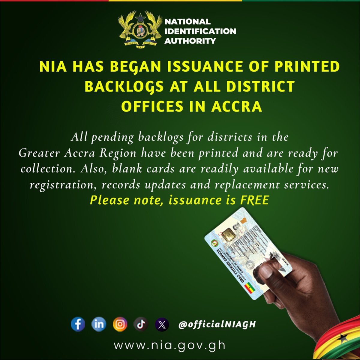 officialNIAGH's tweet photo. All pending backlogs for districts in the Greater Accra Region have been printed and are ready for collection. Also, blank cards are readily available for new registration, records updates and replacement services.
Please note, issuance is FREE.
#nationalidentificationauthority https://t.co/sr2lmcXl0j