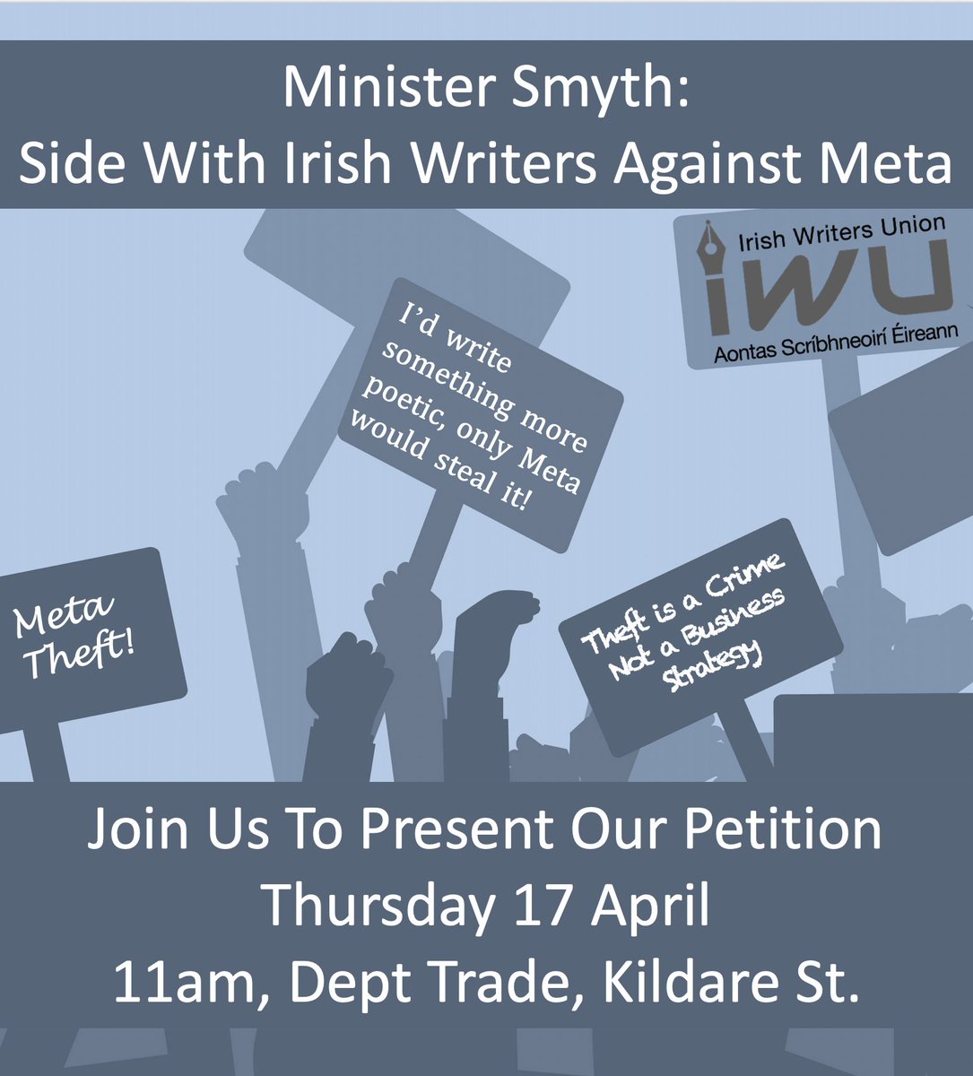 <a href="/WritersUnion_ie/">Irish Writers' Union</a> 's petition against Meta's unlicensed use of our books is going to be handed in to <a href="/NiamhSmythTD/">Niamh Smyth TD</a> 17 April #dublin. Writers do join us if you can!

<a href="/irishfabian/">John O Brien.</a> <a href="/roifee/">Roy Hunt</a> <a href="/Pmacgiollabhain/">Phil Mac Giolla Bháin</a> <a href="/WritersGuildIRL/">WGI</a>