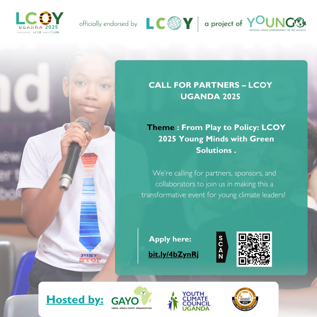 CALL FOR PARTNERS – #LCOYUganda2025

We’re seeking partners, sponsors, and collaborators to join us in driving youth-led climate action.

📩 Apply to partner: bit.ly/4bZynRj

  #COP30 #ClimateAction