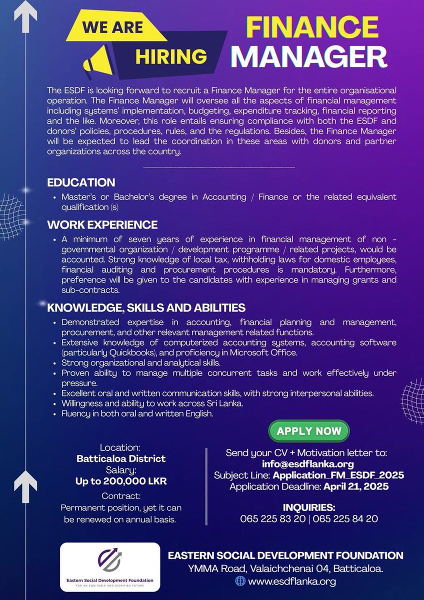 SL1st's tweet photo. We are looking for an energetic and experienced Financial Manager to be part of our dynamic team. If you feel that you are capable and meet all our requirements, please submit your resume on or before the deadline.

#Jobs #srilanka #lka https://t.co/lb6owqL7FF