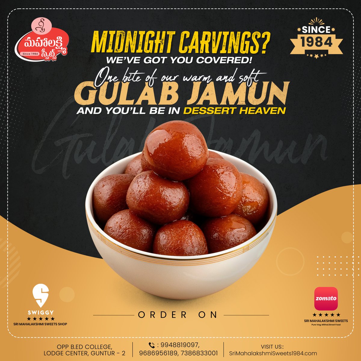 SMLSweets1984's tweet photo. Midnight cravings don’t wait and neither should you🍯

One bite of our warm, soft Gulab Jamun and you're instantly in dessert heaven!

📍Order now on Swiggy &amp; Zomato
📞 9948819097 | 9686956189 | 7386833001

#GulabJamun #MidnightCravings #DessertLovers #SweetToothFix #IndianSweets https://t.co/TycvLktkFM