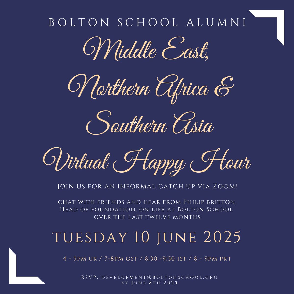 BoltonSchAlumni's tweet photo. Do you live in the Middle East, India, North Africa or Southern Asia? Are you working there, recently moved or looking to make connections with other Old Boys and Girls who live in those regions?

You are invited to join our first ever 'MESA Virtual Happy Hour' - bring your own brew (BYOB) and join us for an informal Zoom catch-up, where you will hear from Philip Britton, Head of Foundation, talking about life at Bolton School.

Please share this event with those you think it may suit geographically and across the time zone - the more the merrier and all are welcome!

Email development@boltonschool.org.uk to register.
#BSAlumnievents #BSAlumniabroad