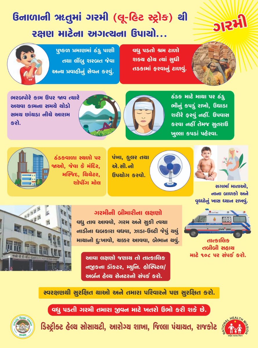 SbccHealth's tweet photo. ✅#હીટવેવ થી બચવા જરૂરી પગલાં..
🔥ગરમીથી સુરક્ષિત રહેવા માટે શું કરવું અને શું ના કરવું.?
#StaySafe #HeatwavePrevention #SummerTips @RajkotCdho00031 @DDORAJKOT1 @CollectorRjt @NHMGujarat @GujHFWDept https://t.co/odUT898mLW