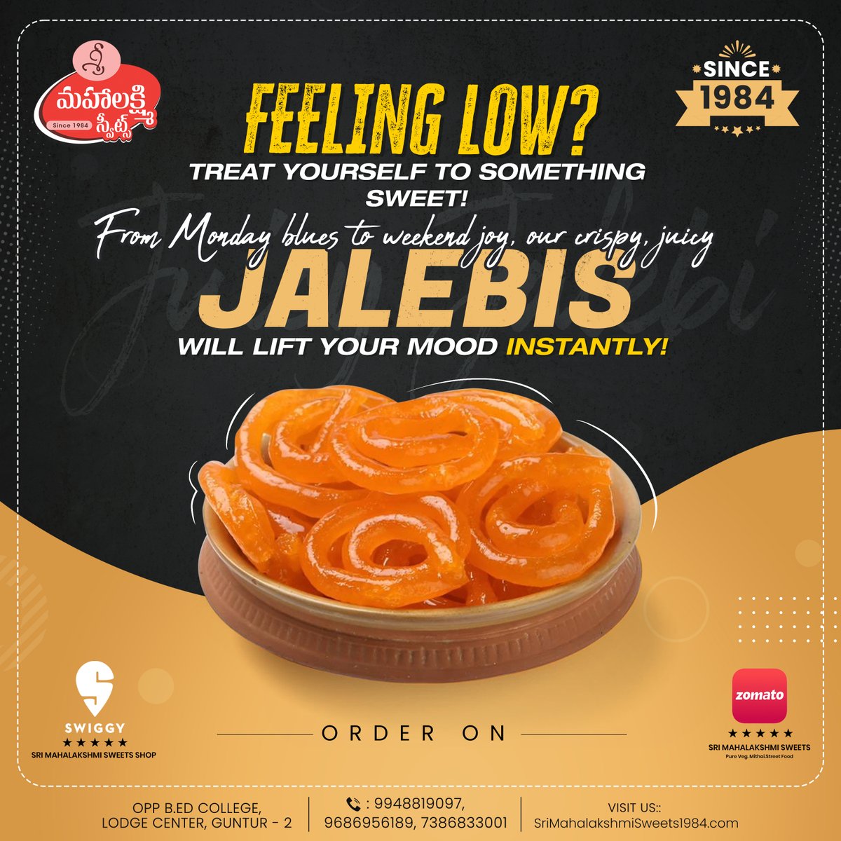 SMLSweets1984's tweet photo. Feeling low? Let the sweetness take over! 🍬

From Monday blues to weekend vibes, our hot &amp; juicy Jalebis will lift your mood in a swirl! ✨

📍 Sri Mahalakshmi Sweets, Guntur

#JalebiLove #IndianDesserts #GunturFoodie #SweetsOfInstagram #CrispyTreats #ZomatoIndia #SwiggyFoodie https://t.co/PD67Vne6ty