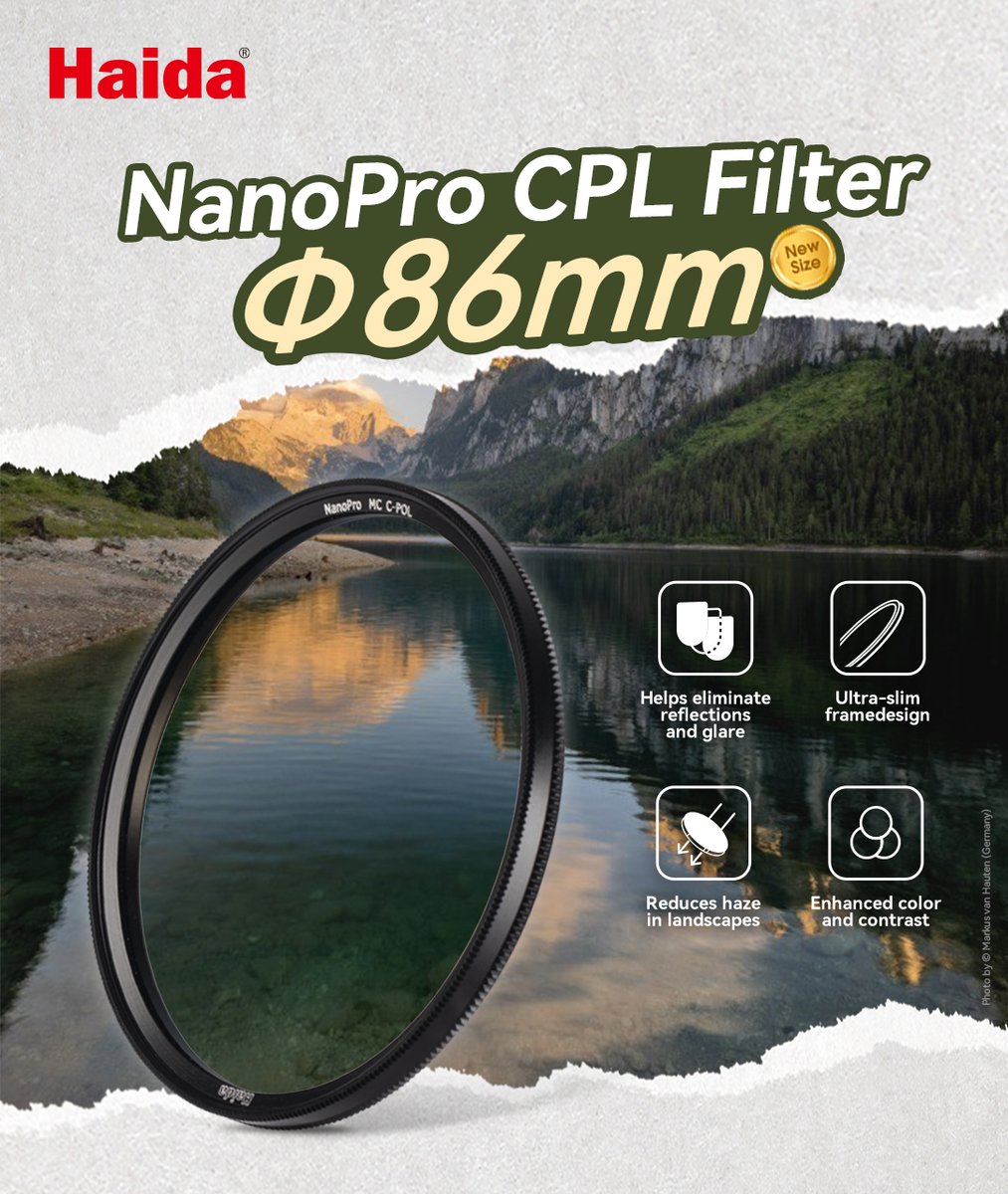 Exciting news! Haida NanoPro CPL Filter is now available in a new size of 86mm, perfectly matching the Sony FE 28-70mm f/2 GM lens. 
Order now from authorized Haida dealers in your country! haidaphoto.com/en/store.html
#haidafilter #haidanewproduct #cameragear #cplfilter