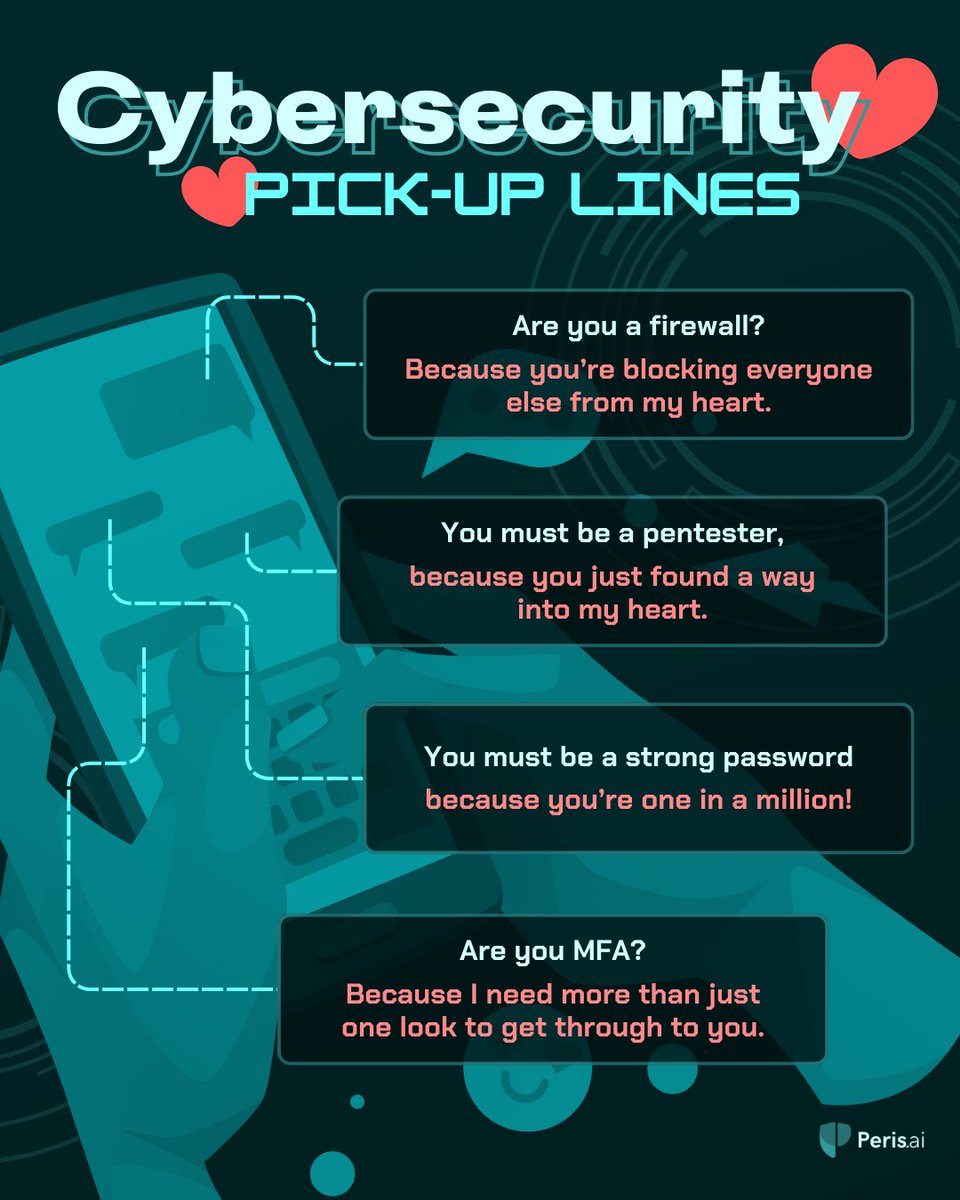 peris_ai's tweet photo. Can cybersecurity be romantic? 💘 These tech pick-up lines prove it—because strong security pairs well with charm.
#CybersecurityHumor #MFAisMyType #PerisAI #YouBuildWeGuard https://t.co/vzGjoH94IP