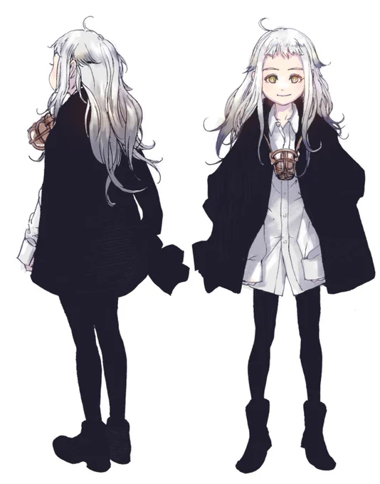 【#ナイトライトハウンズ】 キャラ紹介「リリ」人狼の少女。モデルは狼とうちの猫です。大人用のコートだと袖が長いので、後ろで結んでいます。 