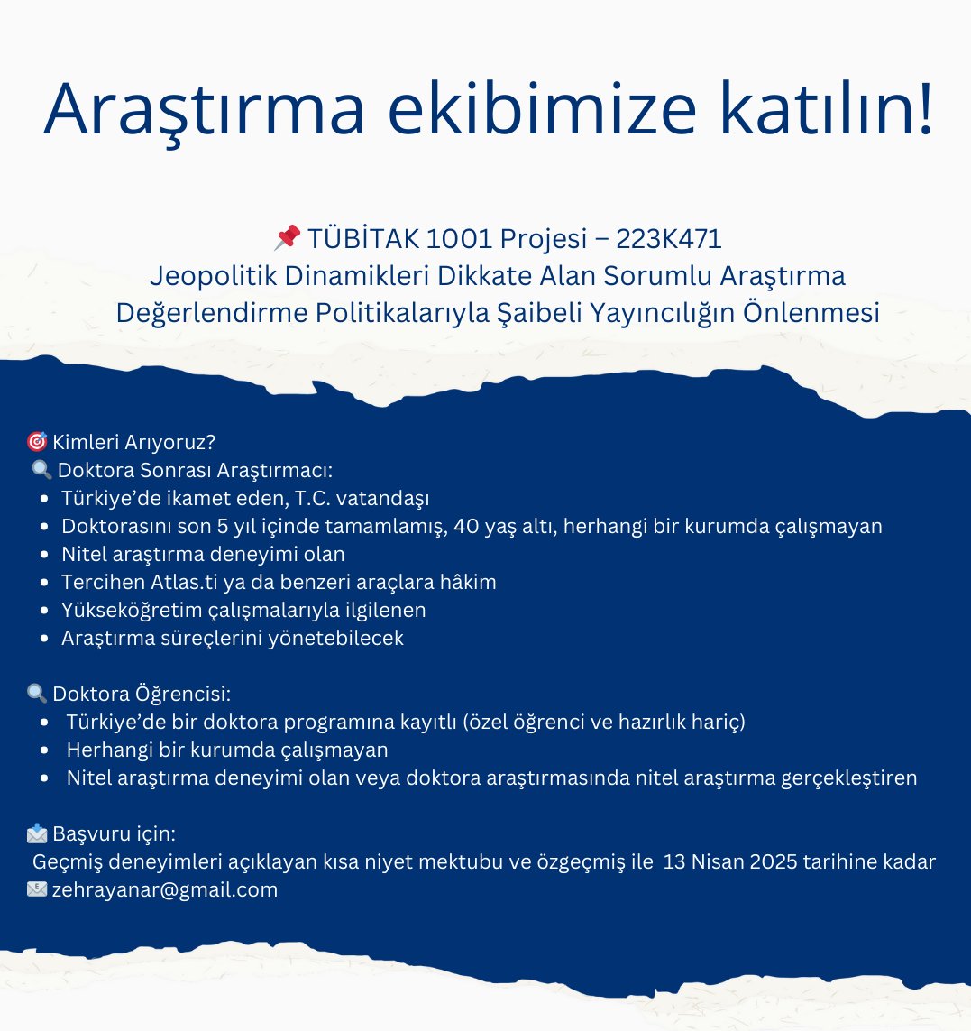 1001 projemizde bir yıl boyunca birlikte çalışmak üzere bir doktora sonrası araştırmacı ve bir doktora öğrencisi arıyoruz. Burs bedelleri TÜBİTAK tarafından belirlenen en üst limitlere göre belirlendi. Elden ele yayarsanız, tanıdıklara iletirseniz seviniriz.