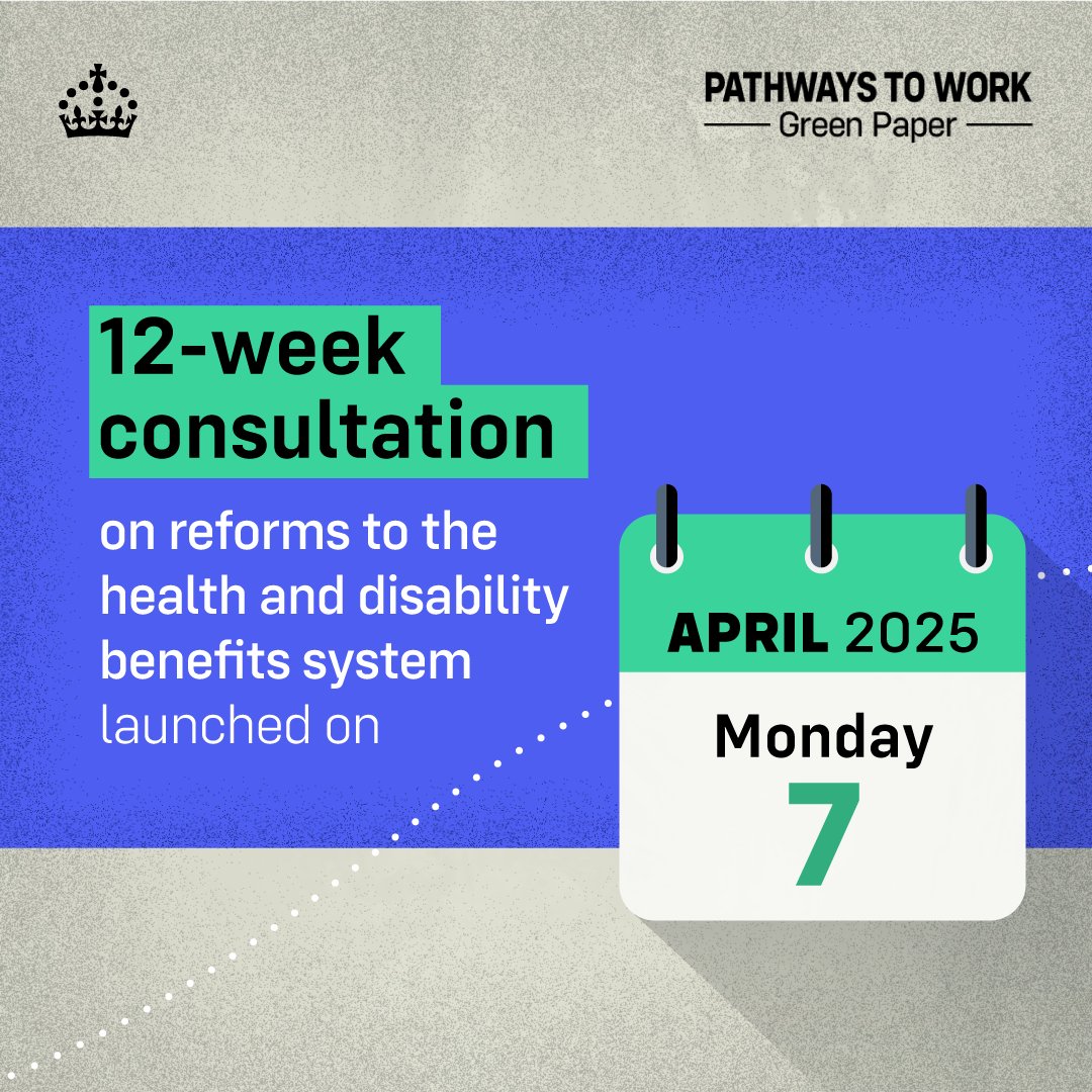 DWPgovuk's tweet photo. Have your say on our health and disability welfare reforms - all accessible versions are published today, kicking off 12 weeks of consultation on the Pathways to Work Green Paper

These reforms will help people into work, while providing support to those who need it most https://t.co/Z4A03jKTRk