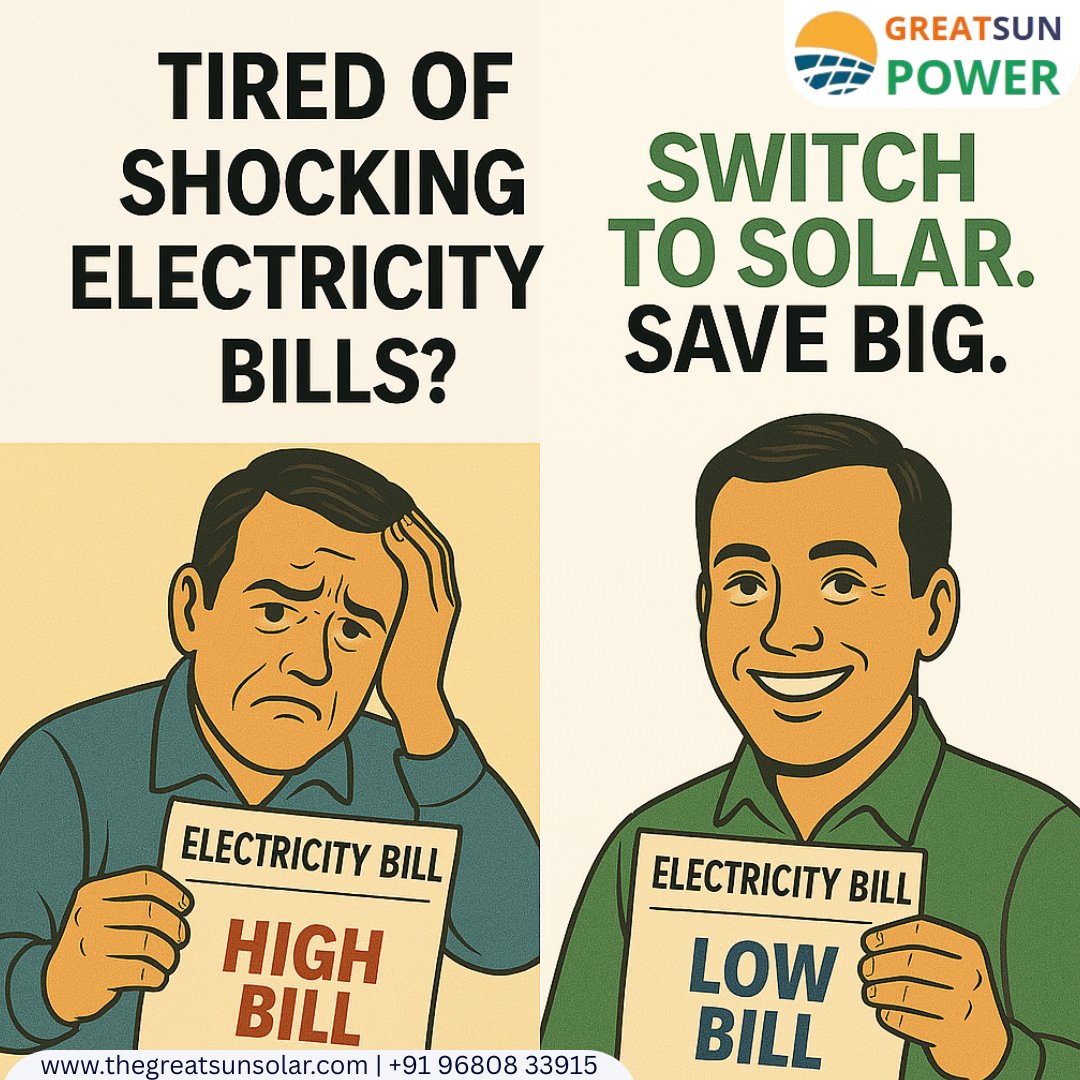 greatsunthe's tweet photo. April bill giving you a shock? ⚡
Take control with solar power! ☀️
💸 Save up to 90% on electricity costs with GreatSun Power Pvt. Ltd.
Let the sun pay your bill!
#BillToZero #SwitchToSolar #SmartEnergy #GreatSunPower #SaveWithSolar #SustainableIndia https://t.co/DIq5EzoxsZ