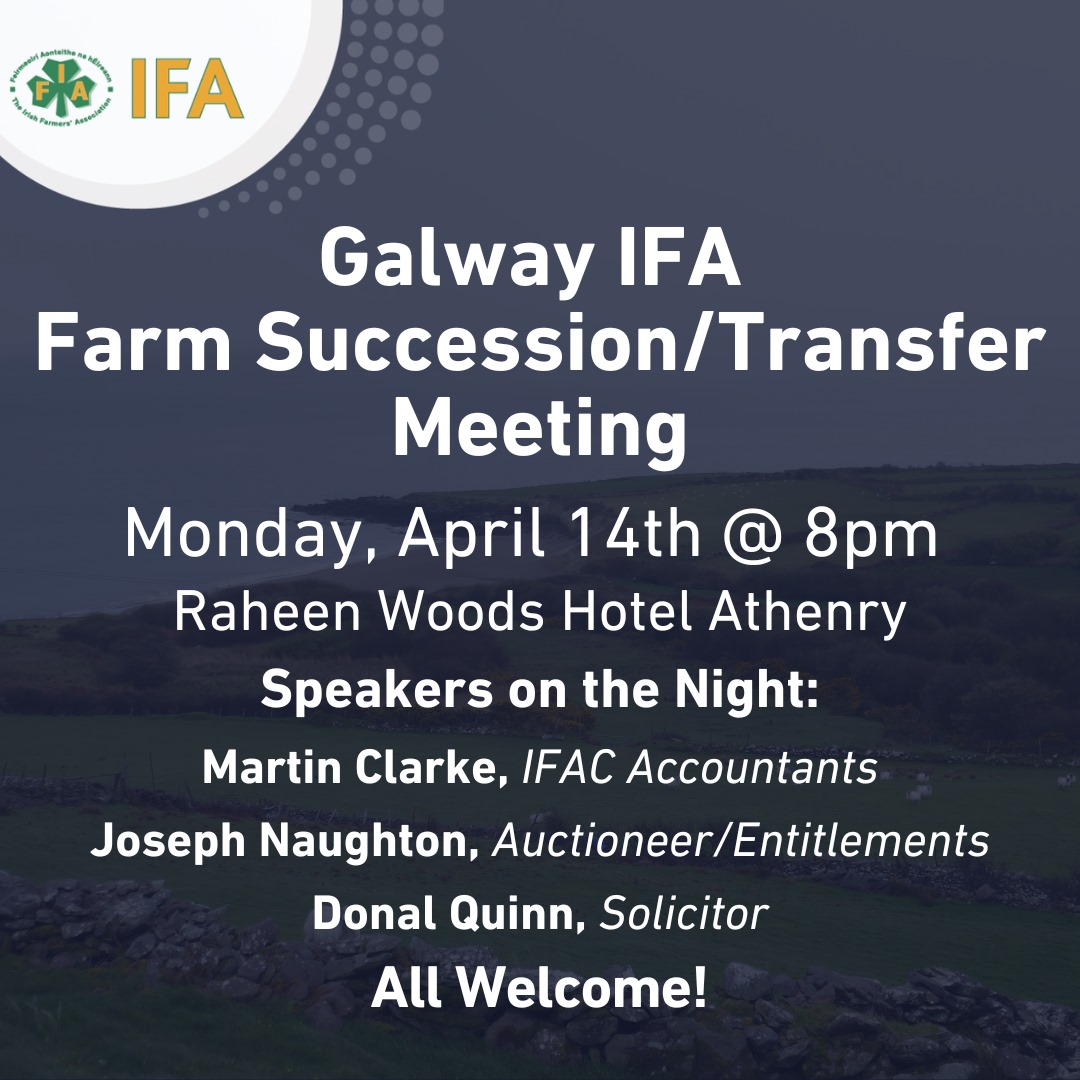 Open invitation to all in Galway for next week's Farm Succession/Transferring the Farm meeting where Martin Clarke <a href="/ifac_ireland/">ifac</a> Joseph Naughton Auctioneers Ballinasloe &amp; Donal Quinn Solicitors  will address  all queries <a href="/IFAmedia/">Irish Farmers' Association</a> <a href="/gbayfm/">Galway Bay FM</a> <a href="/CTribune/">Connacht/CityTribune</a> <a href="/TuamHerald/">Tuam Herald</a>  <a href="/aca_services/">Agricultural Consultants Association (ACA)</a>