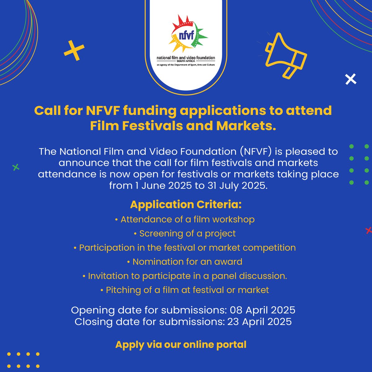 🎬 SA Filmmakers! Apply for NFVF funding to attend local &amp; international film festivals (1 Jun–31 Jul 2025).

💰Up to R50K available!
 🗓Apply by 23 April 2025

Apply via our portal: nfvf.praxisgms.co.za

For more information visit: linktr.ee/nfvfsa

#NFVF