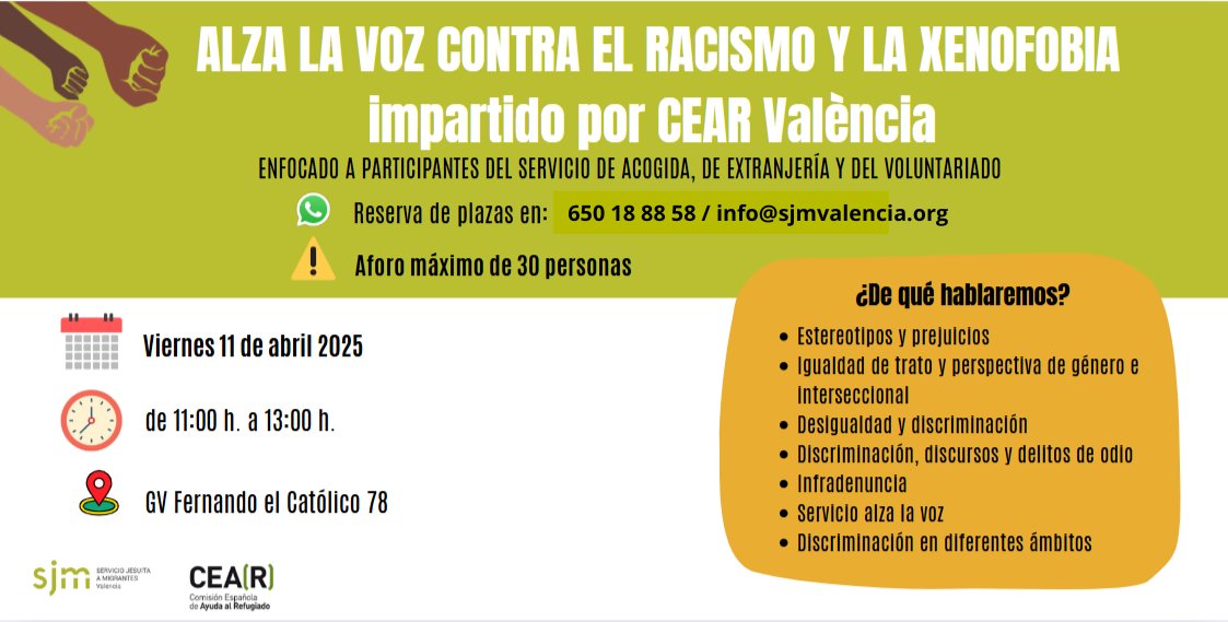 Este viernes las compañeras de <a href="/CEAR_PV/">CEAR País Valencià</a>  impartirán la formación  

"Alza la voz contra el racismo y la xenofobia"

📆 Viernes 11 de abril
🕐 de11 a 13h.
📍SJM Valencia, aula 1.3 - G.V. de Ferran el Catòlic, 78

Aforo máximo: 30 personas