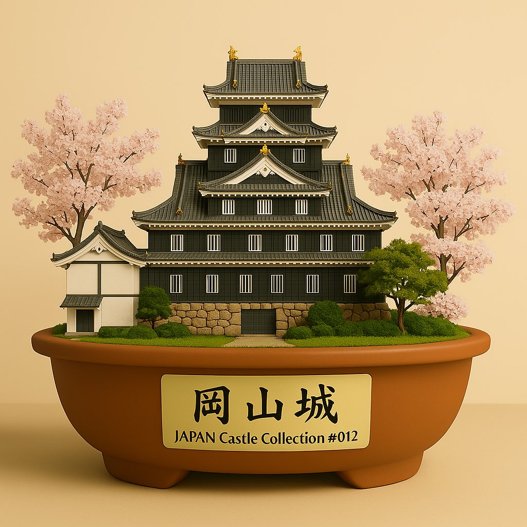 bonsai_castle's tweet photo. 【JAPAN Castle Collection #012】岡山城（Okayama Castle）

黒漆塗りの外観から「烏城（うじょう）」の異名を持つ岡山城。
金の鯱や装飾が際立つ、優雅で力強いシルエットをジオラマに再現しました。
春の桜とともに咲く「城の美」をお楽しみください。 https://t.co/q0eXXaPCws