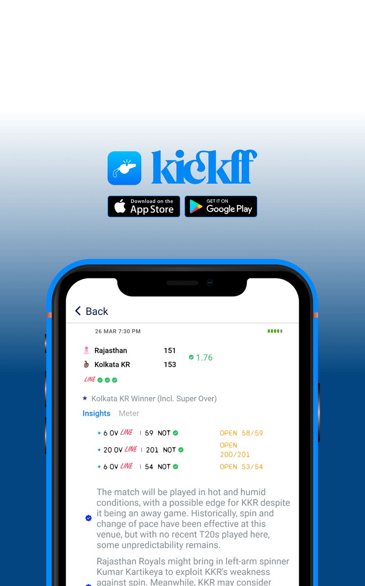 GemsOfCricket's tweet photo. 🎯 Kickff – Your Cricket Prediction Hub! 🏏 Get expert insights, 6/20/6 over session lines, pre-match analysis &amp;amp; unbiased previews – all in one app! Stay ahead of every ball, every match. 📲 Download now: https://t.co/2LUZUBsG99 

#Kickff #IPL2025 #CricketPredictions #TATAIPL https://t.co/mVj7QfAhVd