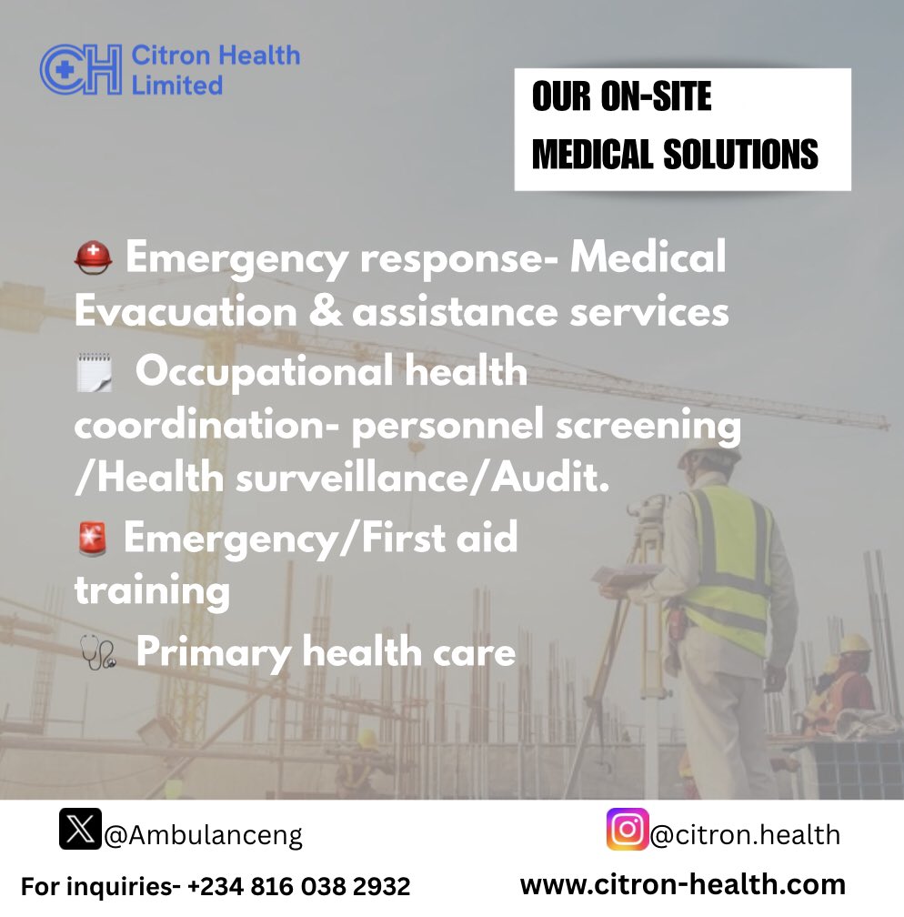 Ambulanceng's tweet photo. At Citron Health, we keep your workforce thriving in construction sites 🏗️ 🚧 , industrial centers 🏭 , in offices, and everywhere in between.
From emergency response to primary care, we're the backbone of your business's health and success. 💼
#CitronHealth #WorkplaceWellness https://t.co/DotBNFXdoi