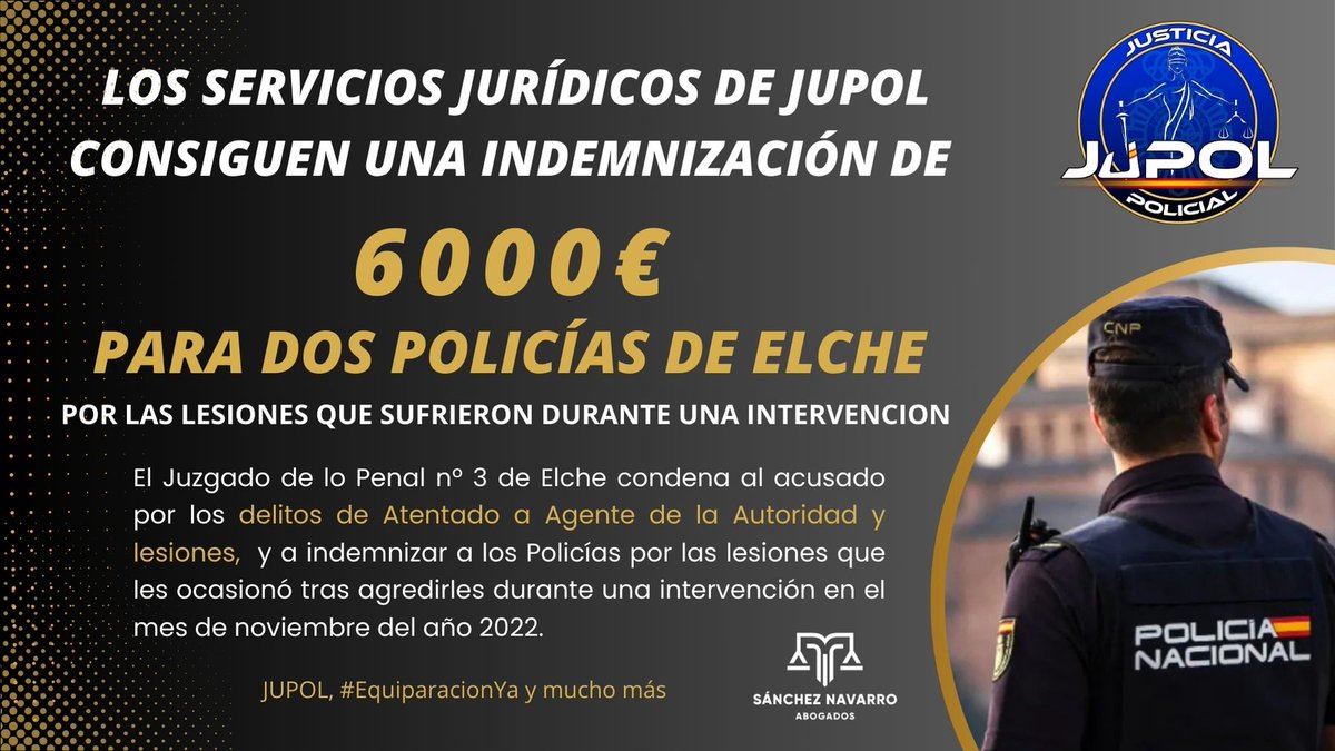 ⚖️ Los #ServiciosJurídicos de JUPOL en #Alicante, a través de <a href="/sancheznavarr_/">Sánchez Navarro Abogados</a> , consiguen una nueva indemnización para dos #Policías de #Elche

👮‍♂️👮‍♂️ 6000€ por las lesiones que sufrieron durante una intervención en el año 2022 tras ser agredidos.

#EquiparacionYa y mucho más