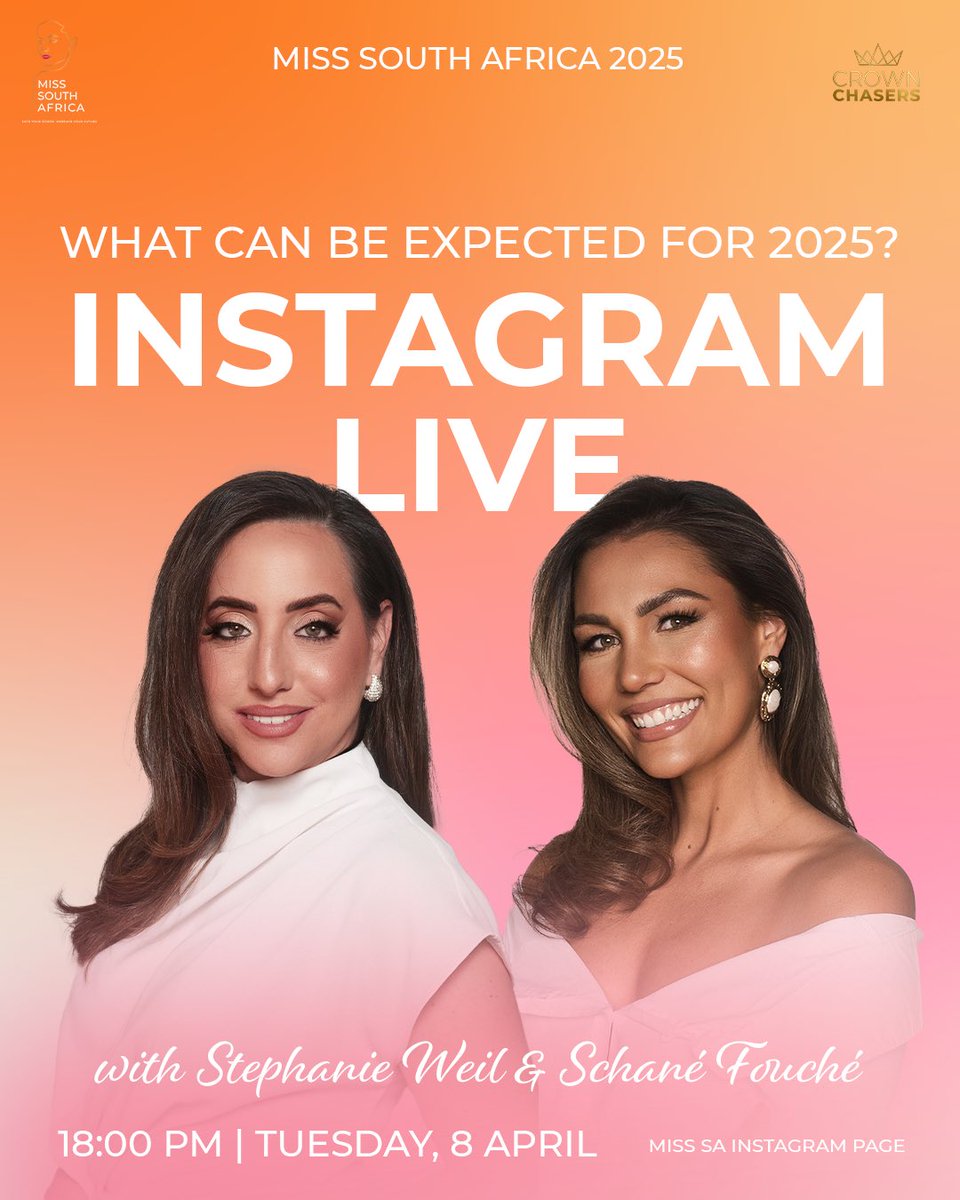 IG LIVE ALERT!🚨 

Got questions about entering #MissSA2025? We’ve got answers! 🤩

Join @stephweil and @schane_fouche LIVE on Instagram at 6 PM (SAST) as they dive into everything you need to know about the entry process. 📝

Don’t miss it — see you tonight! 😉

#MissSA2025