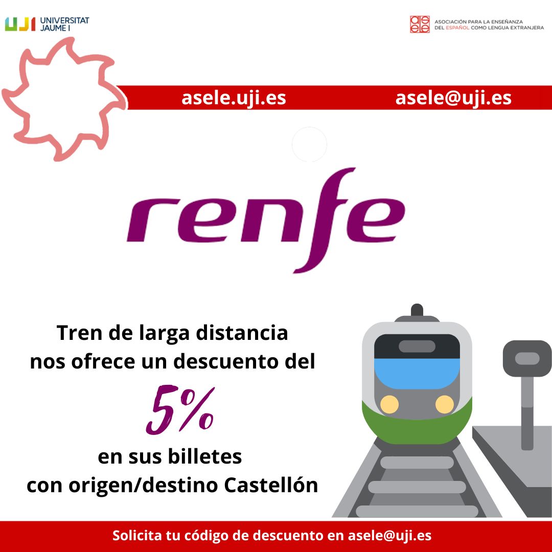 ASELE Castellón (@35asele) on Twitter photo 💺 📷¿Ya sabes cómo vas a llegar a Castellón #ASELE2025? RENFE ofrece un 5% de descuento en los trenes de larga distancia.¡Muchas gracias
<a href="/Renfe/">Renfe</a>!
Solicita el descuento, después de formalizar la matrícula, a asele@uji.es
@asele_asoc
<a href="/asele2024ed/">ASELE Edimburgo 2024</a>
<a href="/ASELEBurgos2023/">ASELE Burgos 2023</a>
<a href="/UJIuniversitat/">Universitat Jaume I</a> 💺 📷¿Ya sabes cómo vas a llegar a Castellón #ASELE2025? RENFE ofrece un 5% de descuento en los trenes de larga distancia.¡Muchas gracias
<a href="/Renfe/">Renfe</a>!
Solicita el descuento, después de formalizar la matrícula, a asele@uji.es
@asele_asoc
<a href="/asele2024ed/">ASELE Edimburgo 2024</a>
<a href="/ASELEBurgos2023/">ASELE Burgos 2023</a>
<a href="/UJIuniversitat/">Universitat Jaume I</a>