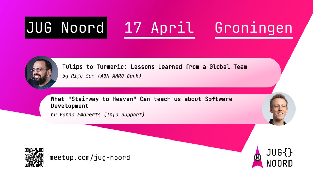 JUGNoord (@jugnoord) on Twitter photo On April 17th we'll host our next meetup at DUO in Groningen with <a href="/hannotify/">Hanno Embregts ๐ค๐ธ</a> sharing his insights with a classic ๐ธand Rijo Sam's lessons on empowering multicultural teams!
Sign up at meetup.com/jug-noord/evenโฆ On April 17th we'll host our next meetup at DUO in Groningen with <a href="/hannotify/">Hanno Embregts ๐ค๐ธ</a> sharing his insights with a classic ๐ธand Rijo Sam's lessons on empowering multicultural teams!
Sign up at meetup.com/jug-noord/evenโฆ