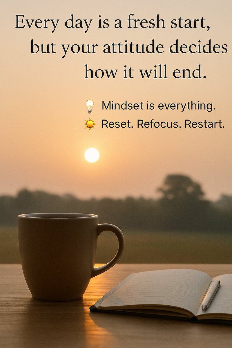 Maryam_Tamkinat's tweet photo. "Every day is a fresh start,
but your attitude decides how it will end."
💡 Mindset is everything.
Reset. Refocus. Restart.
#SelfGrowth #MindsetMatters #PeacefulStart #EverydayMindset #PositiveRoutine https://t.co/FV9hQVWgpt