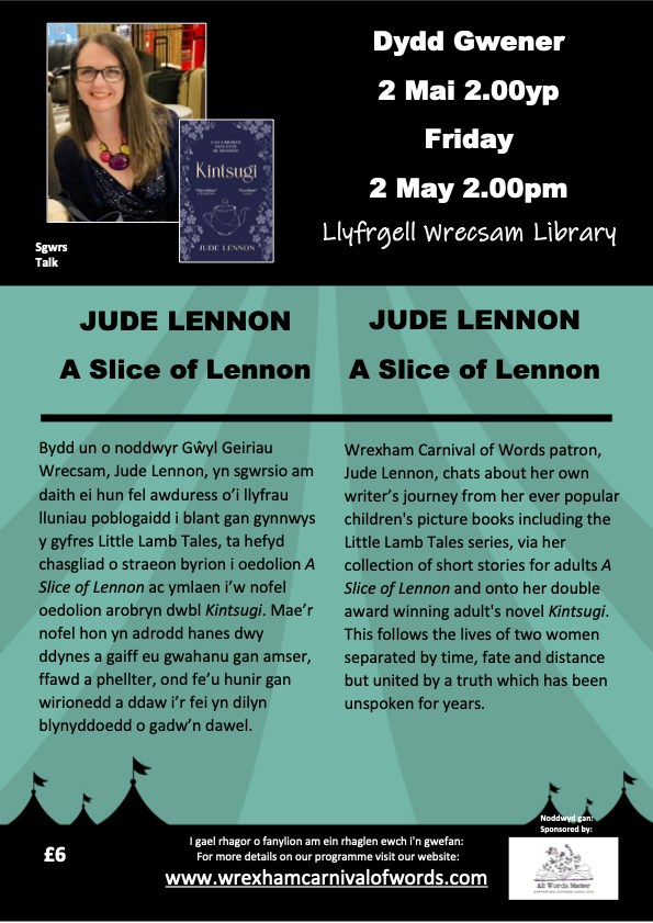 We welcome our friend and patron <a href="/JudeLennonBooks/">Jude Lennon Books</a> to chat about her journey as an award-winning author. From children's picture books, short stories and her novel Kintsugi, Jude has a wealth of knowledge to share. Tickets: wrexham.gov.uk/carnival