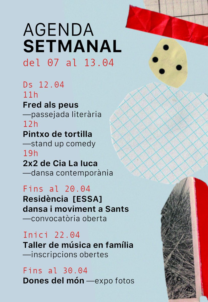 ⚡️Aquesta setmana a la Lleialtat...

📚 Passegem pels escenaris de la novel.la «Fred als peus»; 🥷🏼fem el vermut amb les Pintxo de tortilla; 👯‍♀️ revisitem grans artistes de la història a través de la dansa; 🌎viatgem pels 5 continents amb les fotos de dones d'arreu.