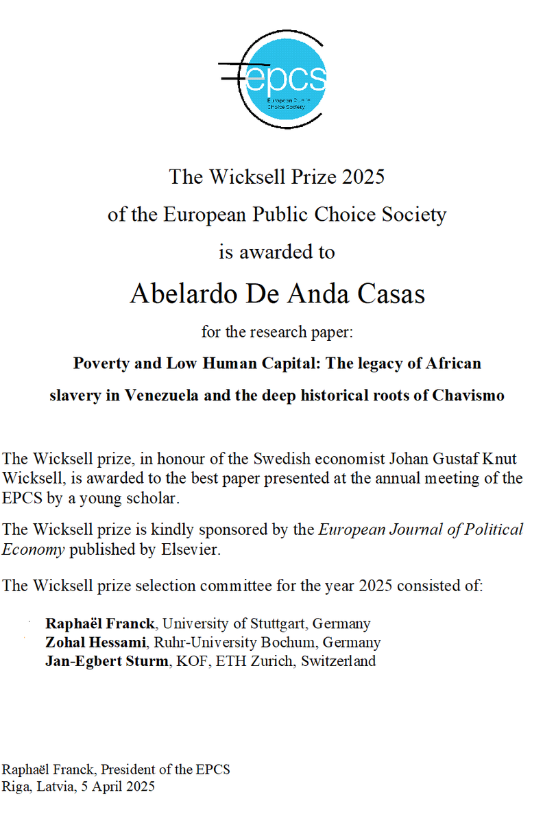 The European Public Choice Society (@theepcs) on Twitter photo Abelardo de Anda Casas (<a href="/AbelardoDeAnda/">Abelardo De Anda</a>) from <a href="/UniofOxford/">University of Oxford</a> & <a href="/StHughsCollege/">St Hugh's College</a> won the 2025 Wicksell prize of <a href="/theEPCS/">The European Public Choice Society</a> for the best conference paper presented by an author under the age of 30. Abelardo de Anda Casas (<a href="/AbelardoDeAnda/">Abelardo De Anda</a>) from <a href="/UniofOxford/">University of Oxford</a> & <a href="/StHughsCollege/">St Hugh's College</a> won the 2025 Wicksell prize of <a href="/theEPCS/">The European Public Choice Society</a> for the best conference paper presented by an author under the age of 30.