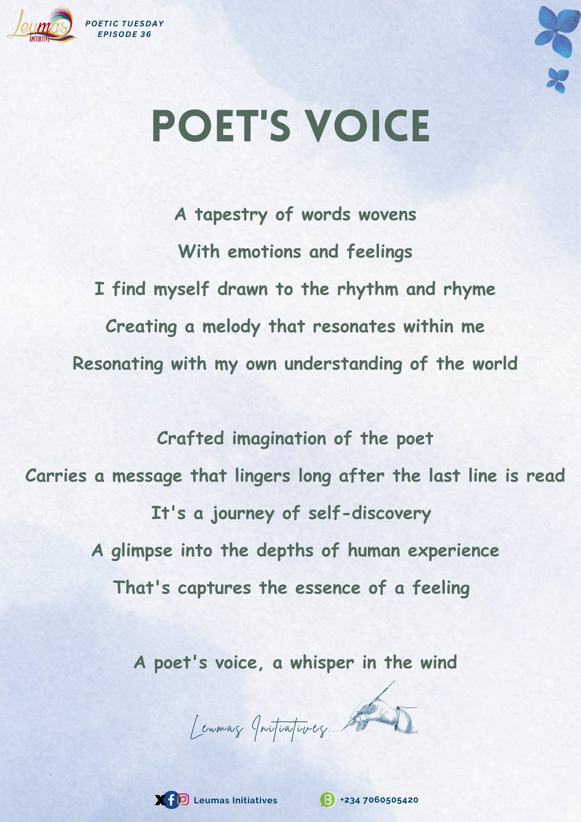 Leumas_Init's tweet photo. A poet's voice, a whisper in the wind 🍃 
I'm Leumas Initiatives ✍️🤓 

 It's another Tuesday, Brethren 💃✨
@PoeticTuesday_Ep 36
#Leumas_Initiatives

Share and repost massively please 🤲
https://t.co/OlKdXaddFS https://t.co/0Mm5hU8fIu